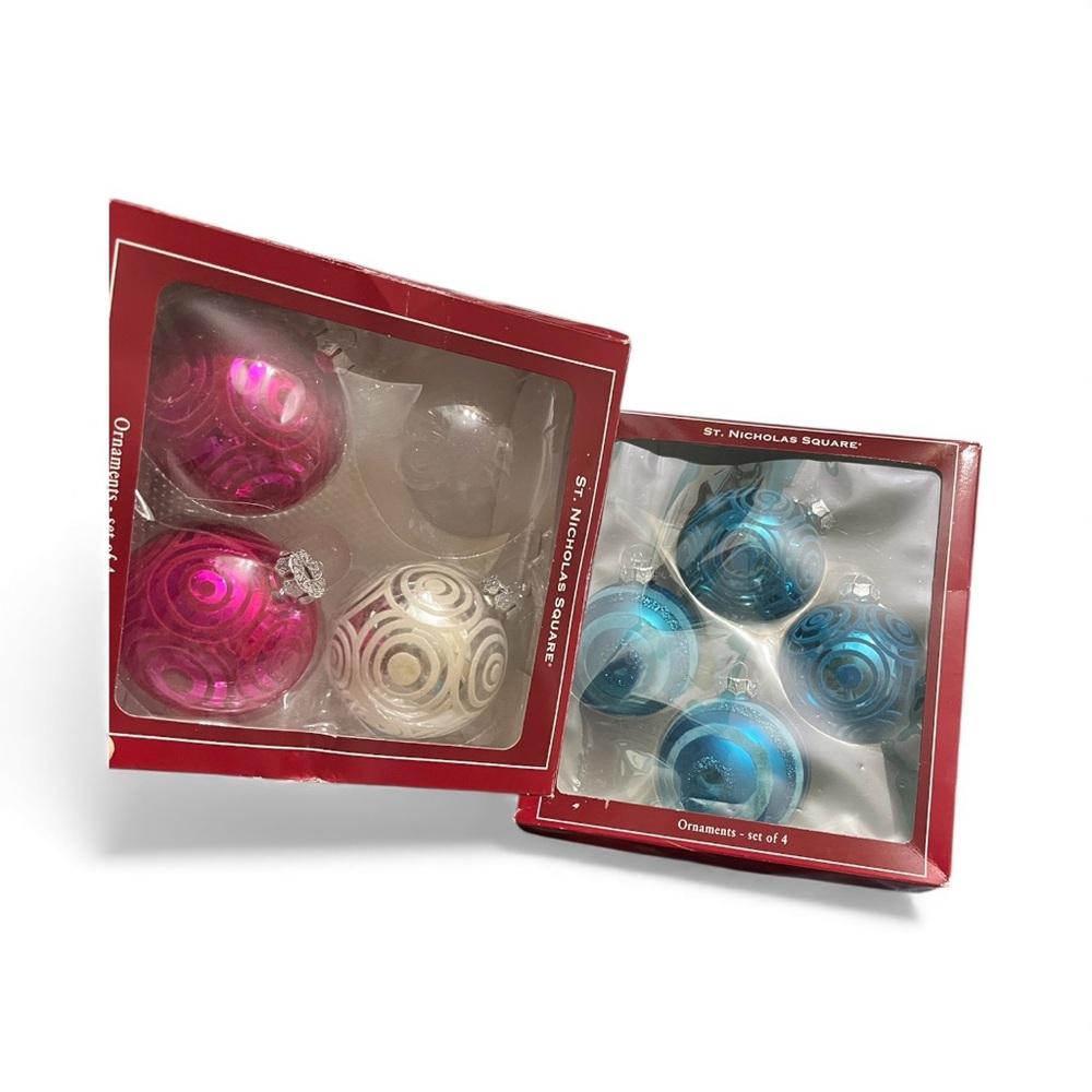 St. Nicholas Square glass Ornaments turquoise pink white circle velvet & glitter